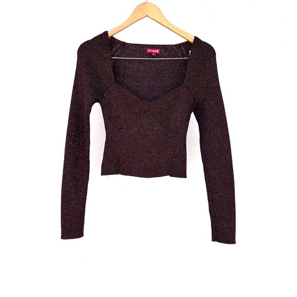 STAUD Cerro Knit Metallic Top Bustier Long Sleeve Bronze Small Cropped Shirt - Picture 2 of 8